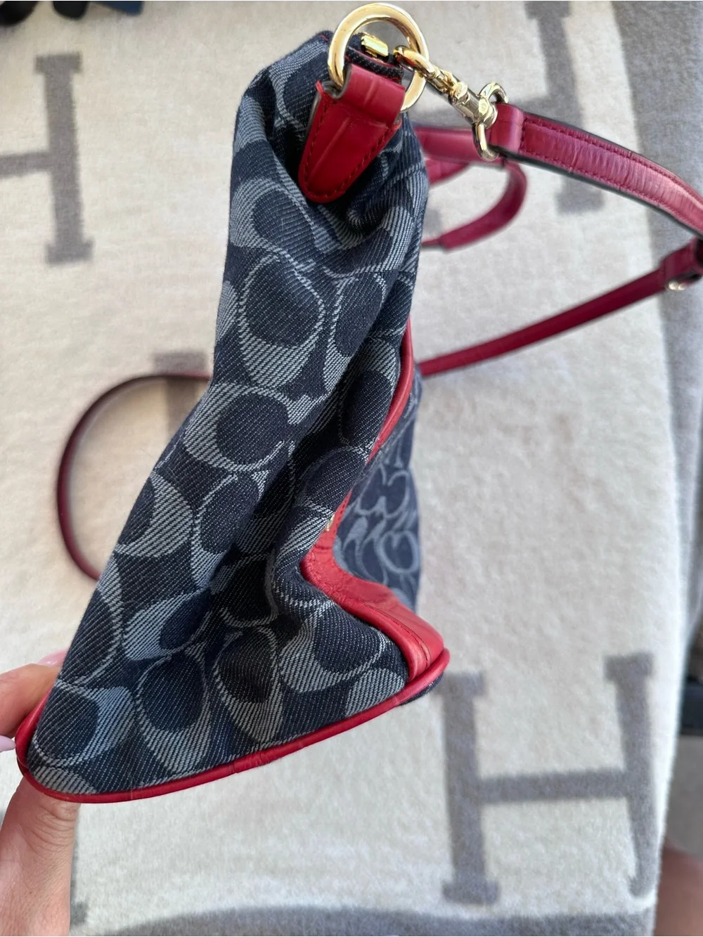Coach Navy Signature Canvas Satchel with Red Trim
